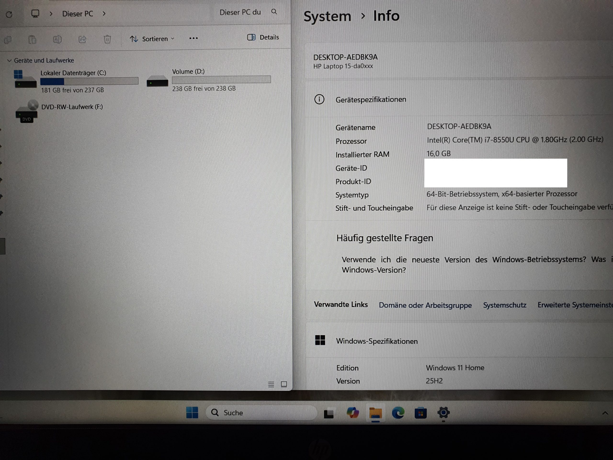 HP 15-da0316ng i7-8550U 15,6 Zoll Full HD 16GB RAM 2x 256GB SSD Win 11 – Bild 8