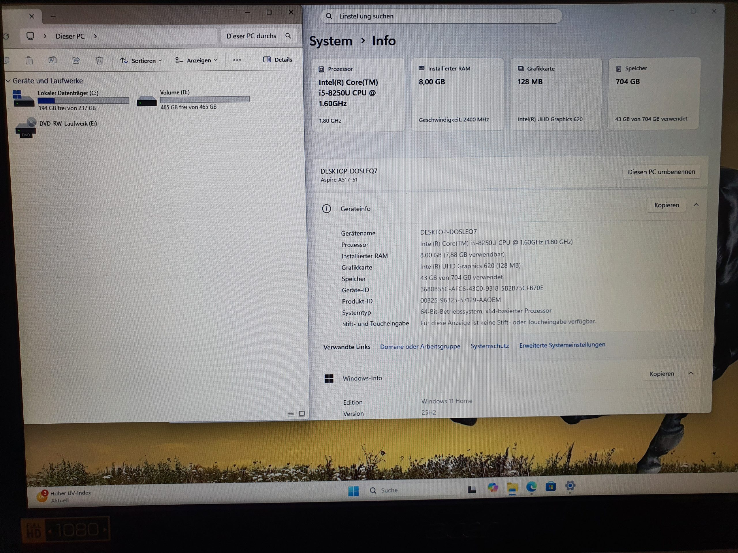 Acer Aspire 5 A517 i5-8250U 17,3 Zoll Full HD 8GB RAM 2 Festplatten Win 11 – Bild 9